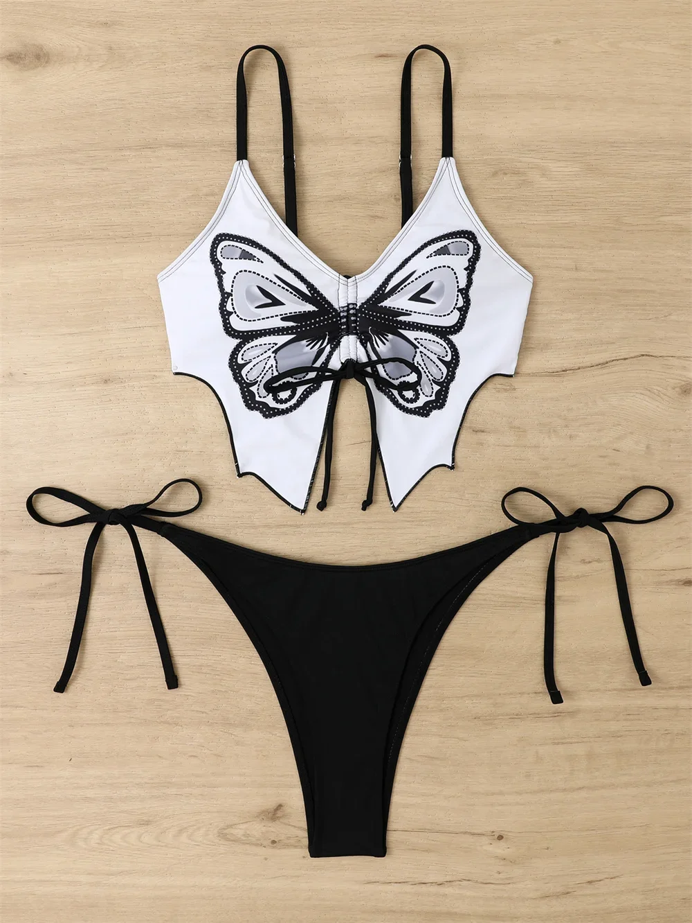 Goth Bikini Thong Set Drawstring Swimsuit Butterfly Swimwear Women Sexy Two Piece Micro Brazilian Beachwear Bikinis Bathing Suit