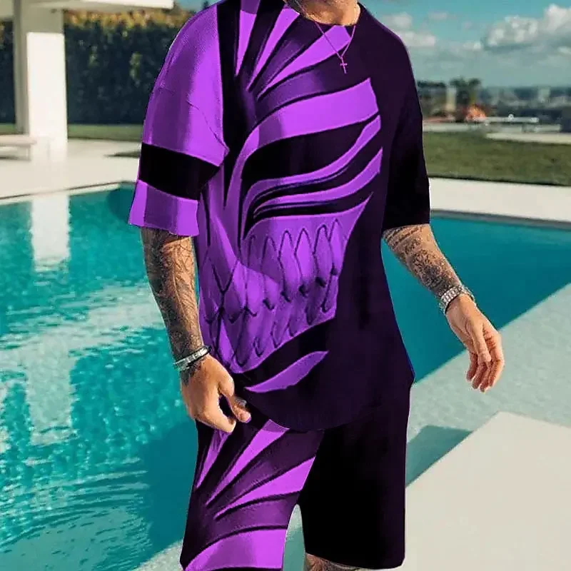 2025 3D Printed Fashionable Outdoor Leisure Sports T-shirt Shorts Summer Men's Two-piece Loose Round Neck Elastic Waist Set