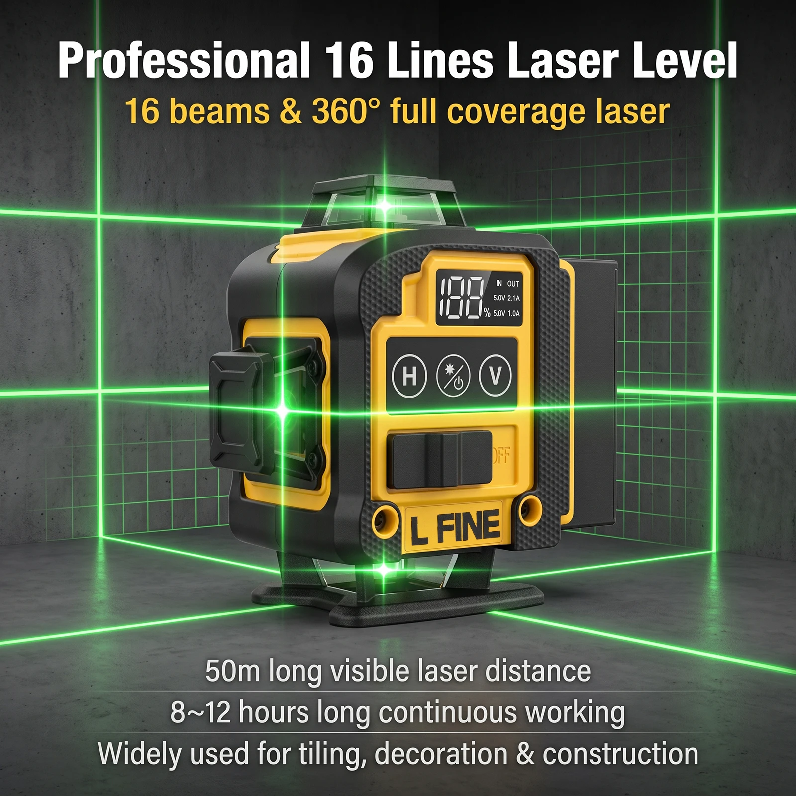 L FINE Grüner Strahl Laser-Nivelliergerät 16 Linien 3D 360 ° Horizontales & Vertikales Selbstnivellierendes Messwerkzeug – Modell 360-01 – Detail 4