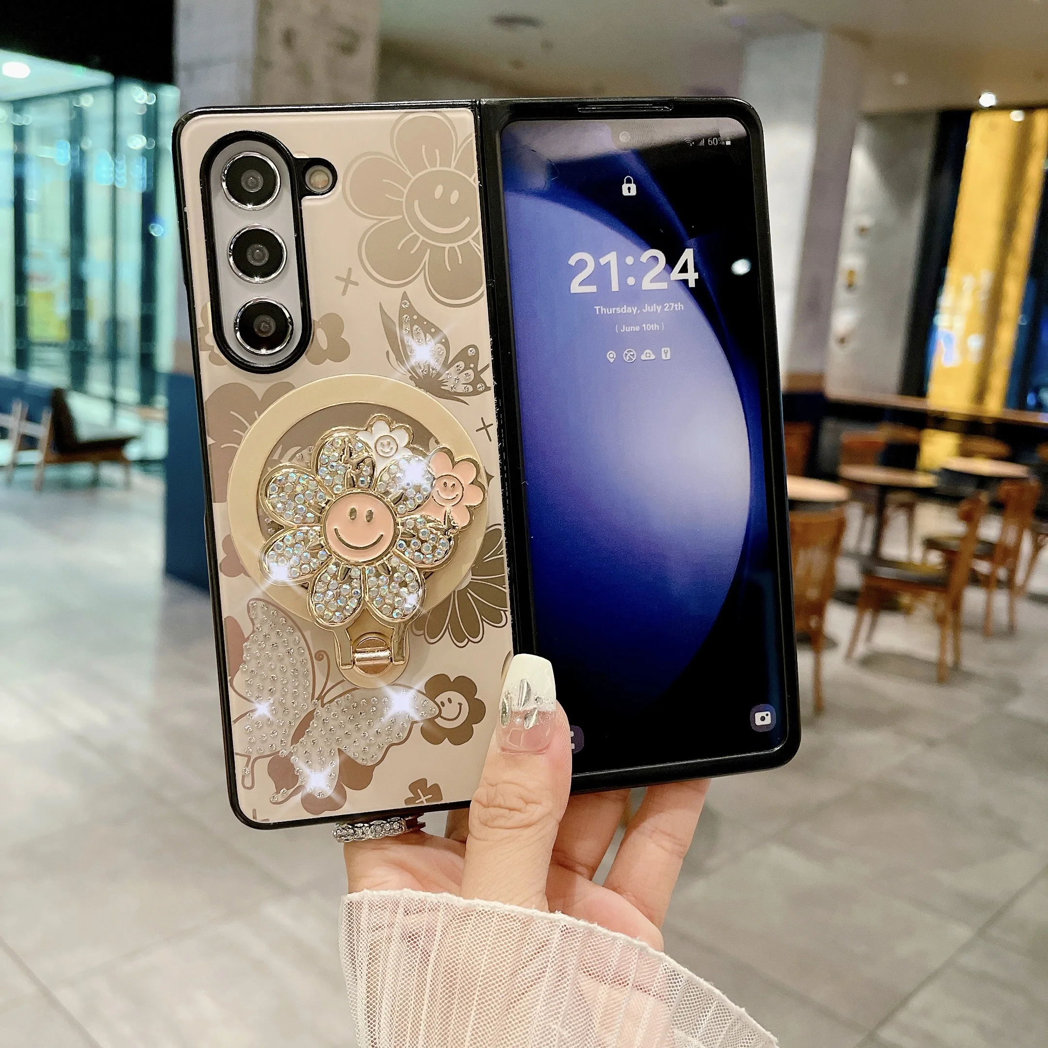 TYBOMB Luxury Pearl Strap Flower Magnetic Ring Holder Case for Galaxy Z Fold 5 Z Fold 4 Wireless Charging Folding Phone Cover