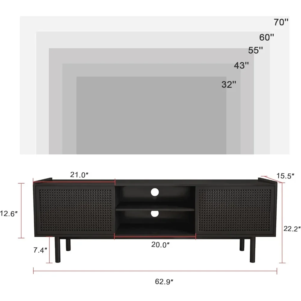 TV Stand for TVs Up to 70 Inch,  Iron Rattan Storage Cabinet Television Stands Entertainment Media Center Console Table