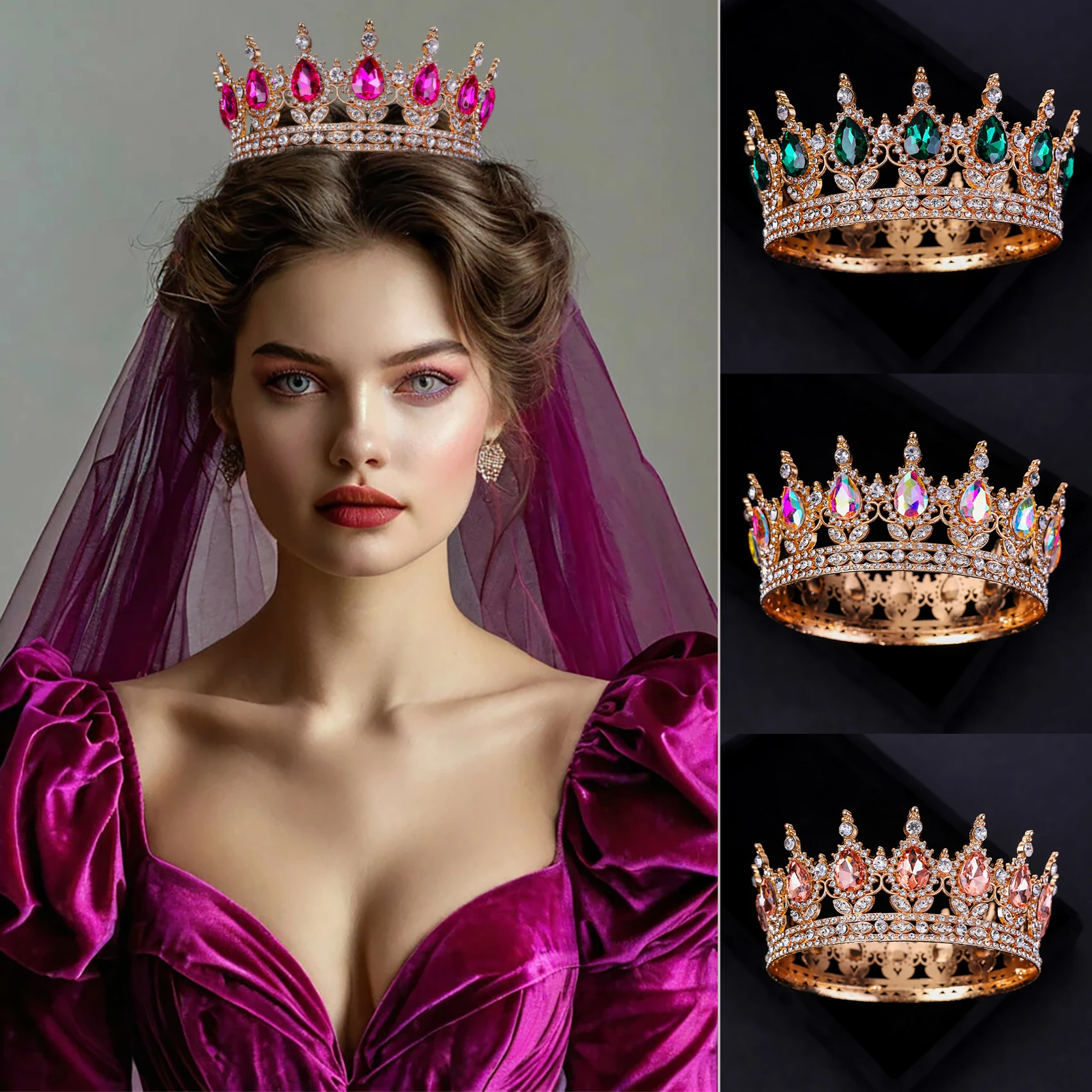 Corona redonda lujosa y noble, corona de pelo Royal Queen/King, corona de accesorios para el cabello de princesa para fiesta de boda
