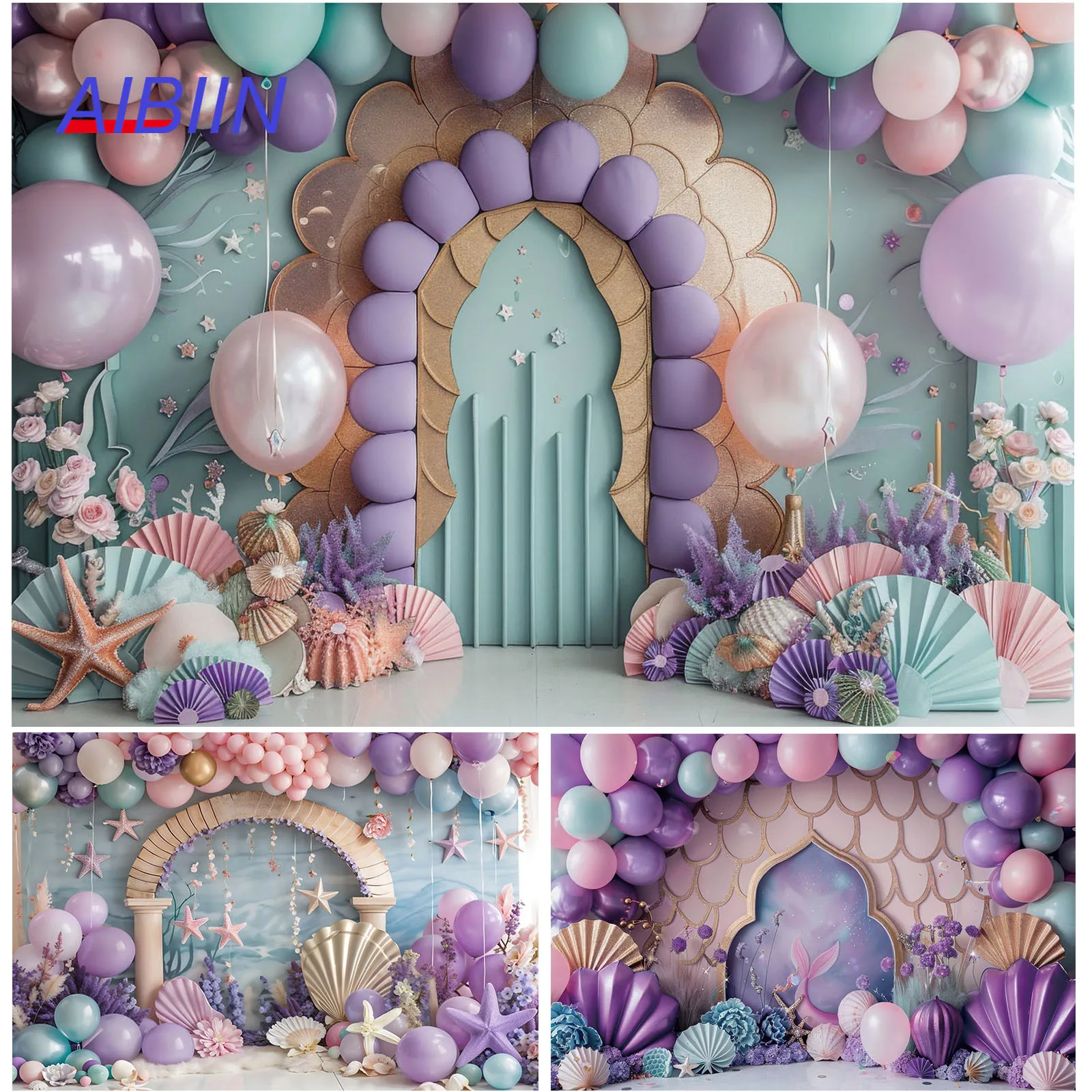 

Mermaid Photography Backdrop Purple Pink Balloons Underwater Girl Birthday Baby Shower Party Decor Kids Cake Smash Background