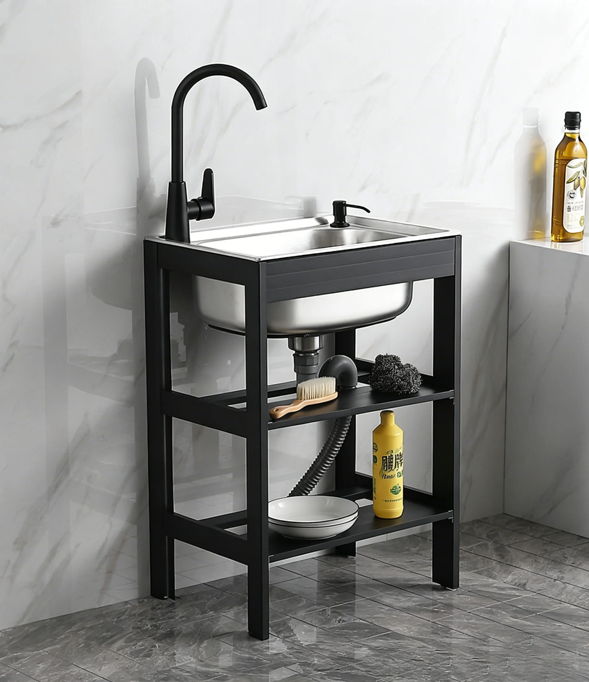 Freestanding Stainless Steel Single Bowl Kitchen Sink Vegatable Hand Wash Basin with Support Bracket for Home Garden Outdoor Use
