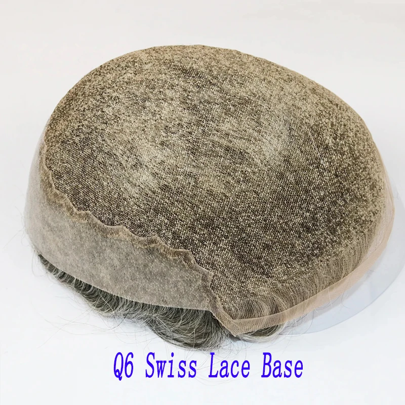 Breathable Full Swiss Lace #340 Brown Grey Man Human Hair Capillary Prosthesis Natural Hairline Q6 Swiss Lace Front Men Toupee