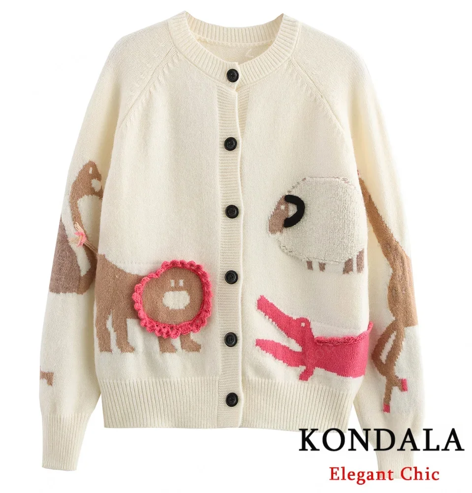

KONDALA женский милый вязаный кардиган с круглым вырезом и пуговицами, свитер с 3D зоопарком, новинка весны и осени 2025 года, модный сказочный повседневный свитер