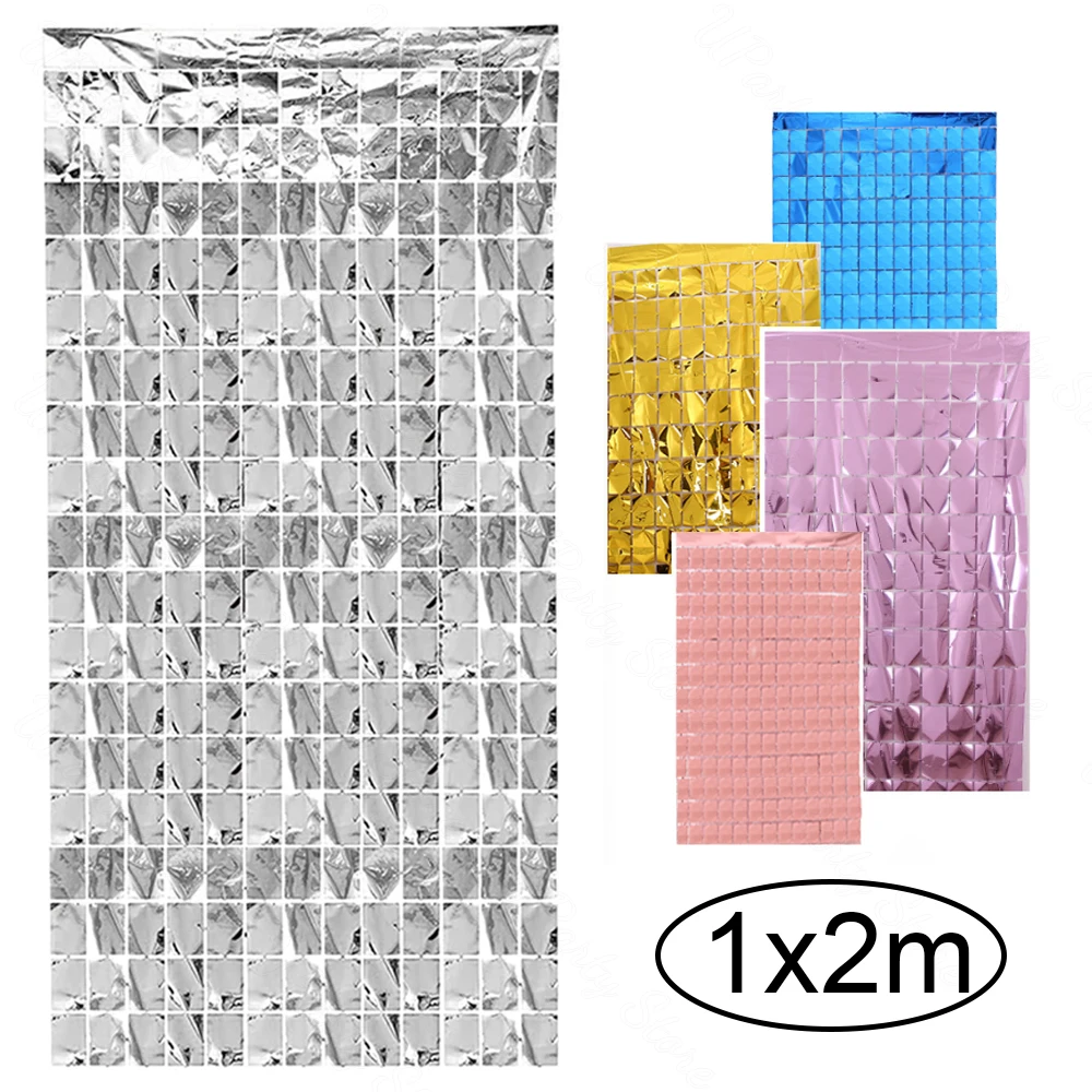 Silver Square Foil Curtain 2x1M Fringe Backdrop Tinsel Curtains for Birthday Wedding Baby Shower Bachelorette Party Decorations