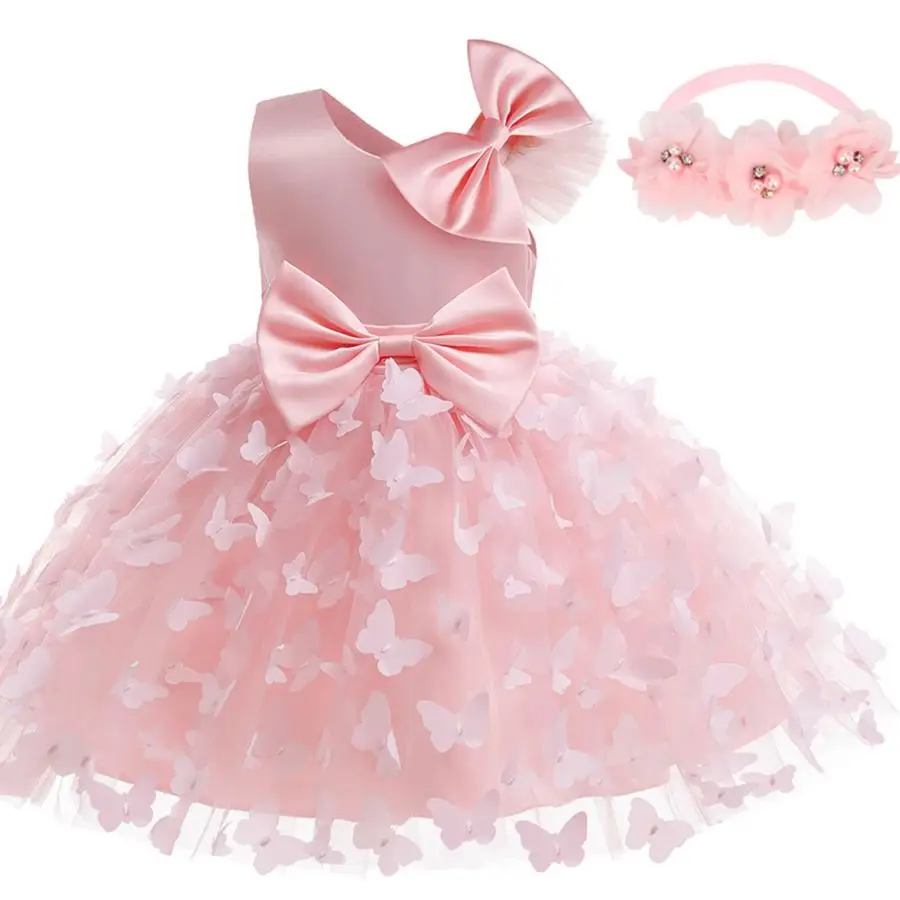 Baby Princess Dress Bowknot Butterfly Tutu Dress+Headband Toddler Girls Flower Elegant Clothes For Wedding Birthday 3-24 Months