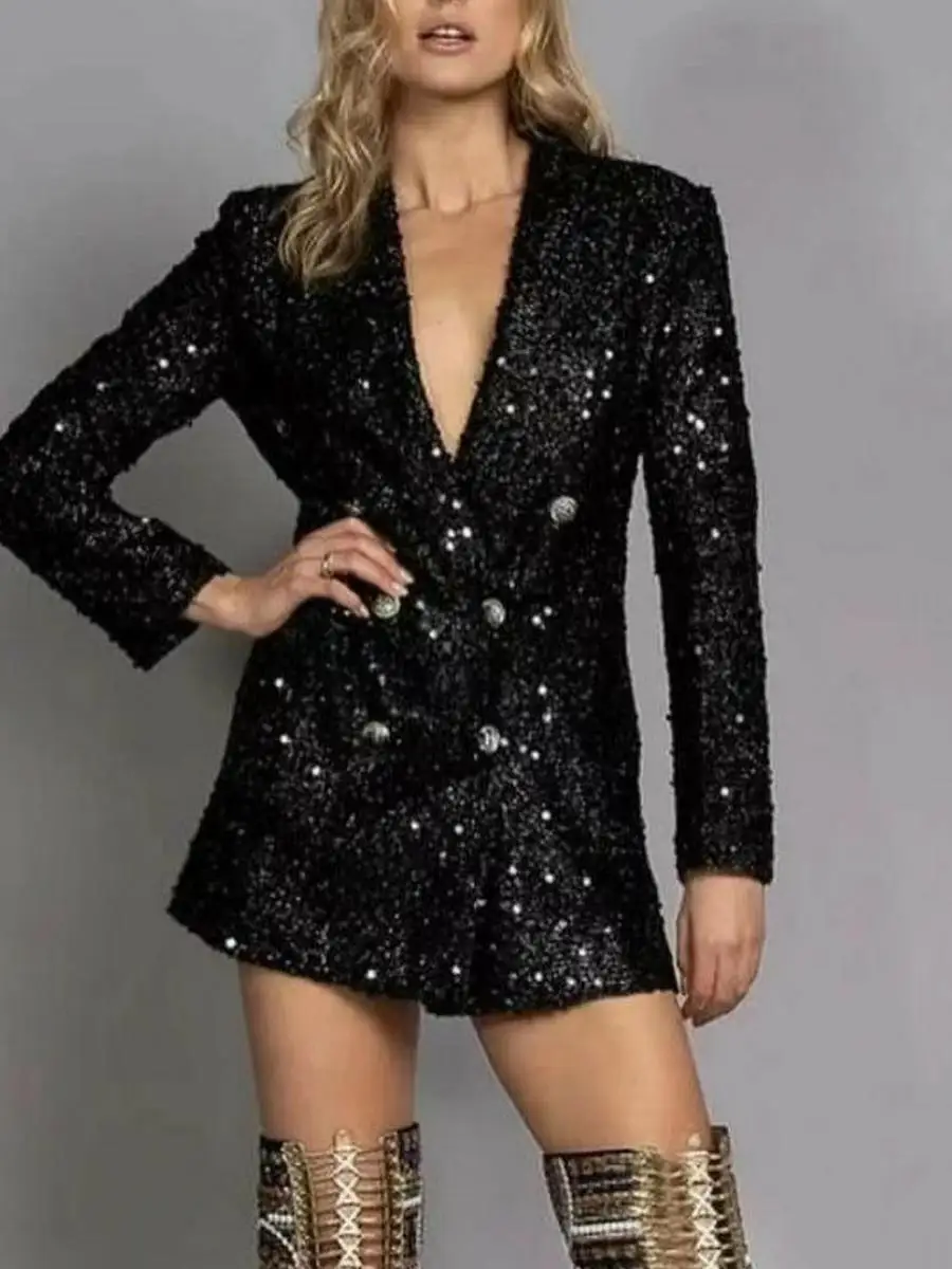 

Women's Sequin Top Double-Breasted Suit Coat iny Blouse Long Sve Autumn Faion Ladies' Premium Clothing