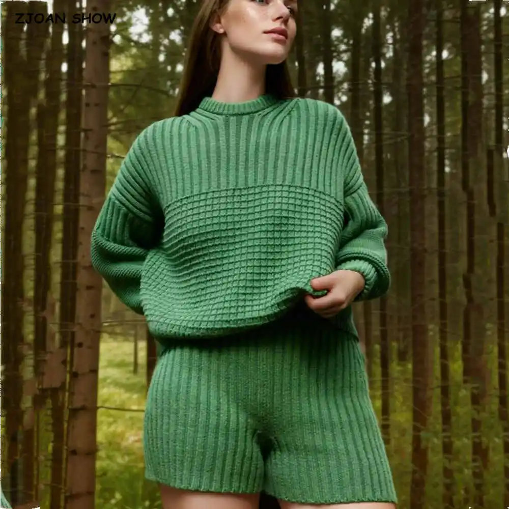 2024 Autumn Green Rib Knitted Full Sleeve Pullover Sweater O neck Loose Jumper Knitwear Yellow