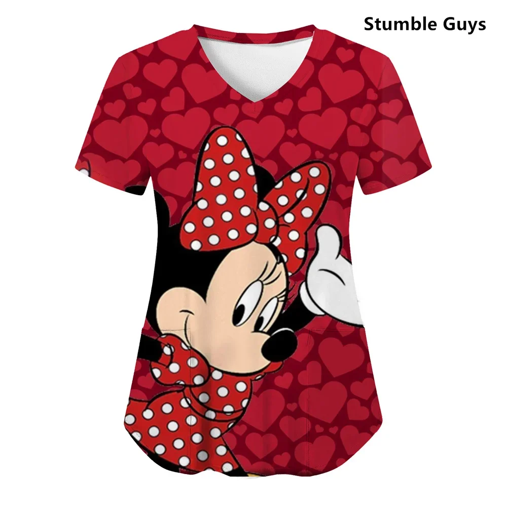 

T Shirts Minnie Mouse T-shirts V Neck Woman Clothes Hospital Tops Disney Top Women 2024 Nurse Uniform T-shirt Pocket Summer Tees