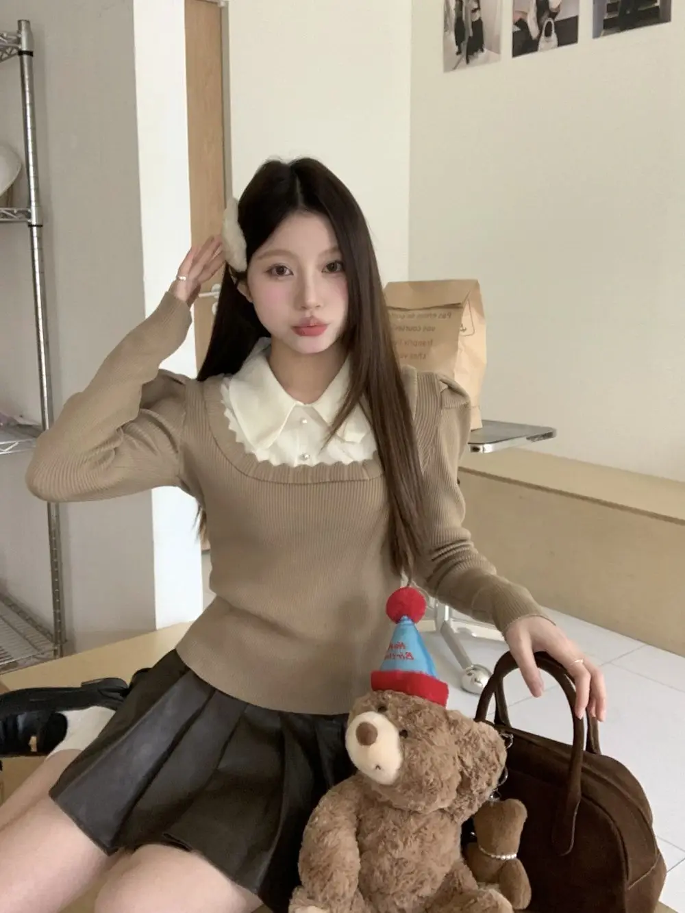 Doll Collar Contrasting Color Knitted Sweater for Women Two Piece Patchwork Bubble Sleeve Base Shirt Chic Top