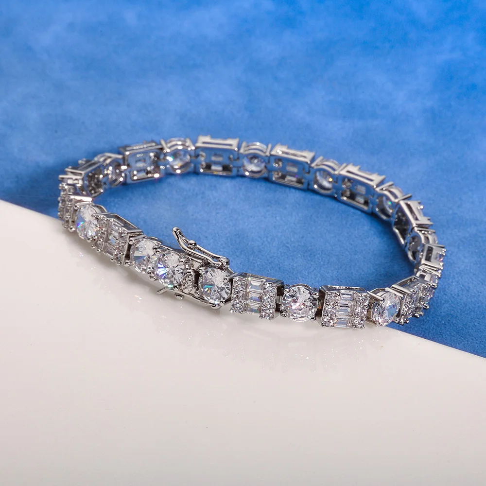 

HHIOK Hip Hop Jewelry Tennis Bracelet Iced Out Baguette Round Cut Cubic Zirconia Diamond Tennis Chain