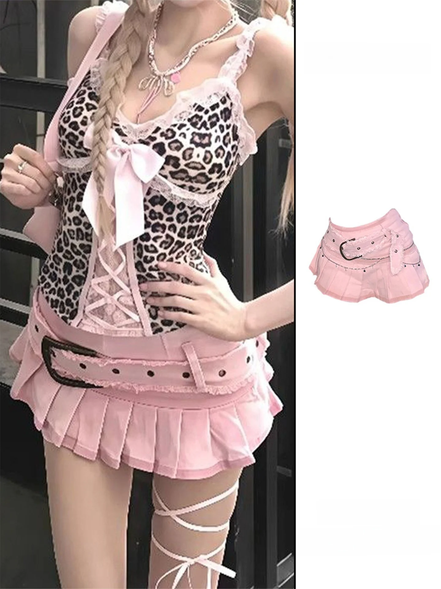 Y2K Sexy Rosa Saia Plissada com Alça de Renda Top Leopardo Estampa f Corpo Saia Conjunto para Mulheres Coreano Sle Cintura Alta