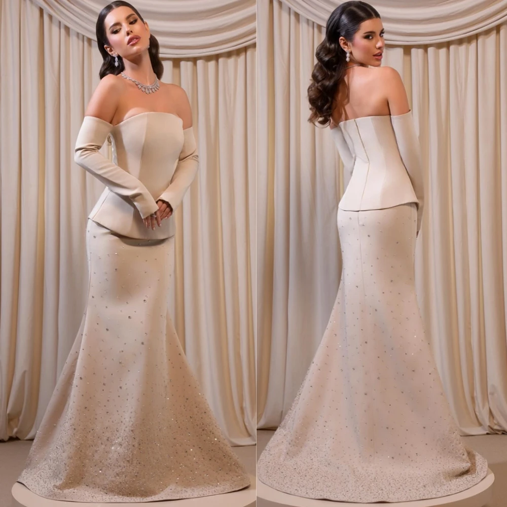 

Customized Luxury Boat Neck Evening Dress Sparkly Satin Crystal Prom Dresses Classic Mermaid Sweep Train Special Occasion Gowns