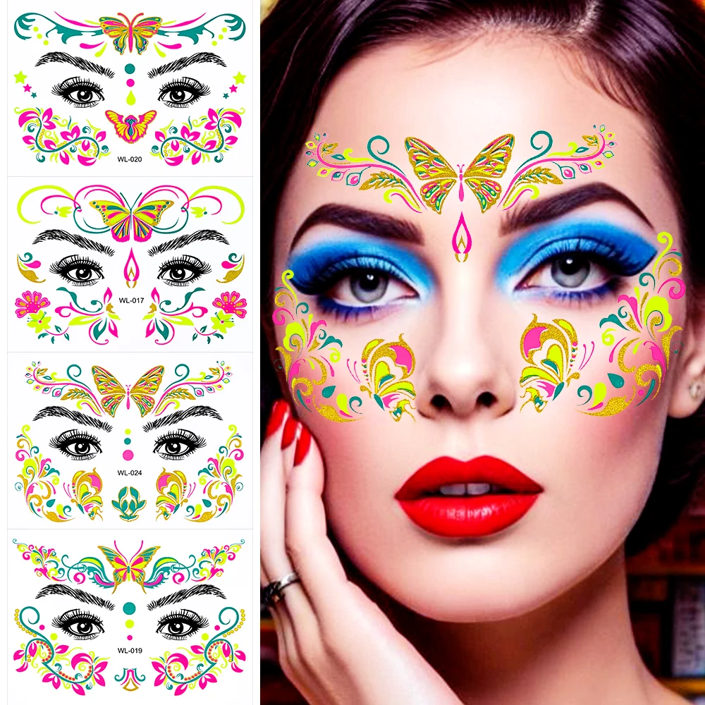 1PCS Fluorescent Face Tattoo Sticker Butterfly Flower False Tattoos UV Glow In The Dark Festival Masquerade Party Body Art Decal