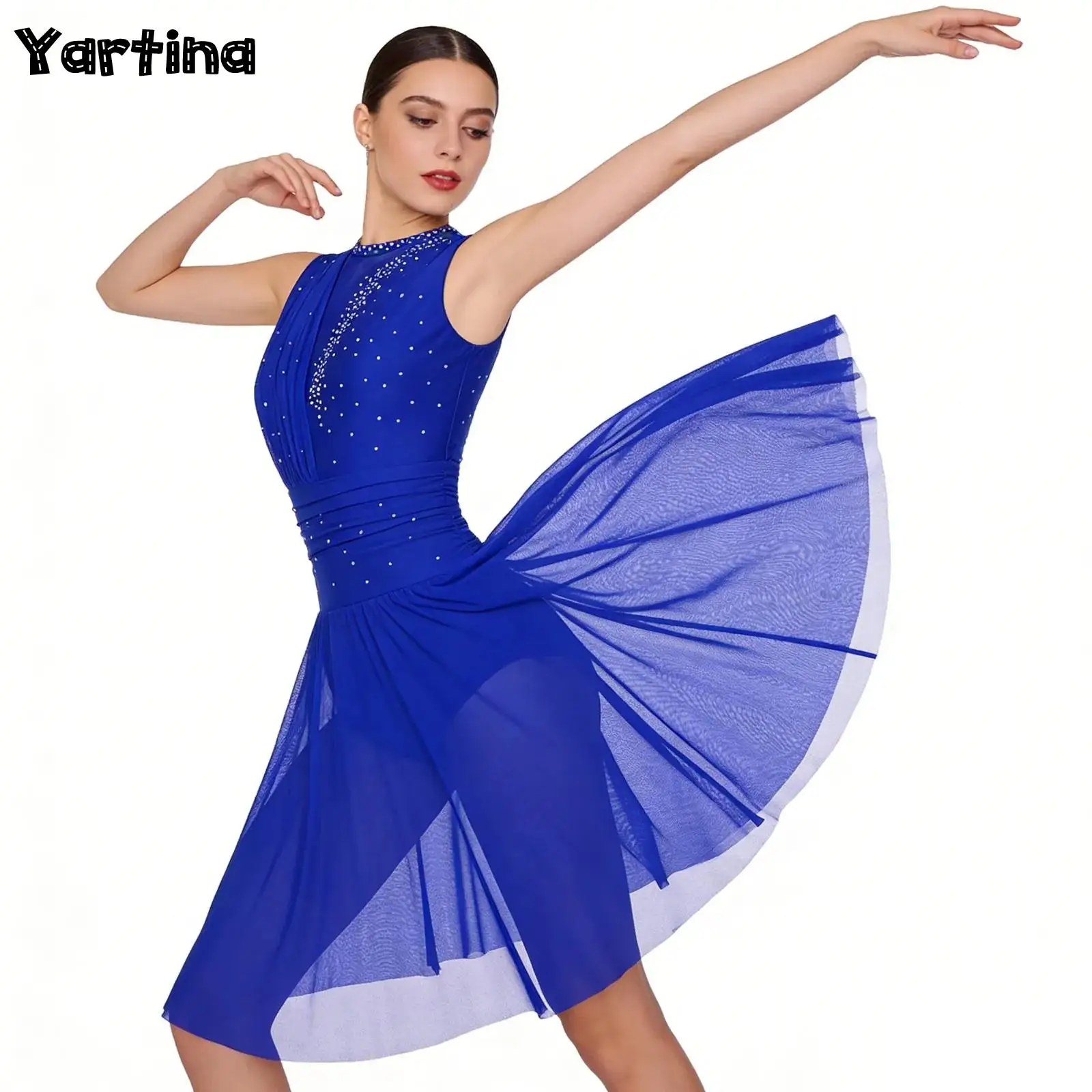 

Womens Gymnastics Figure Skating Ballet Jersey Lyrical Dance Performance Costume Glittery Rhinestones Ruched Dance Leotard Dress