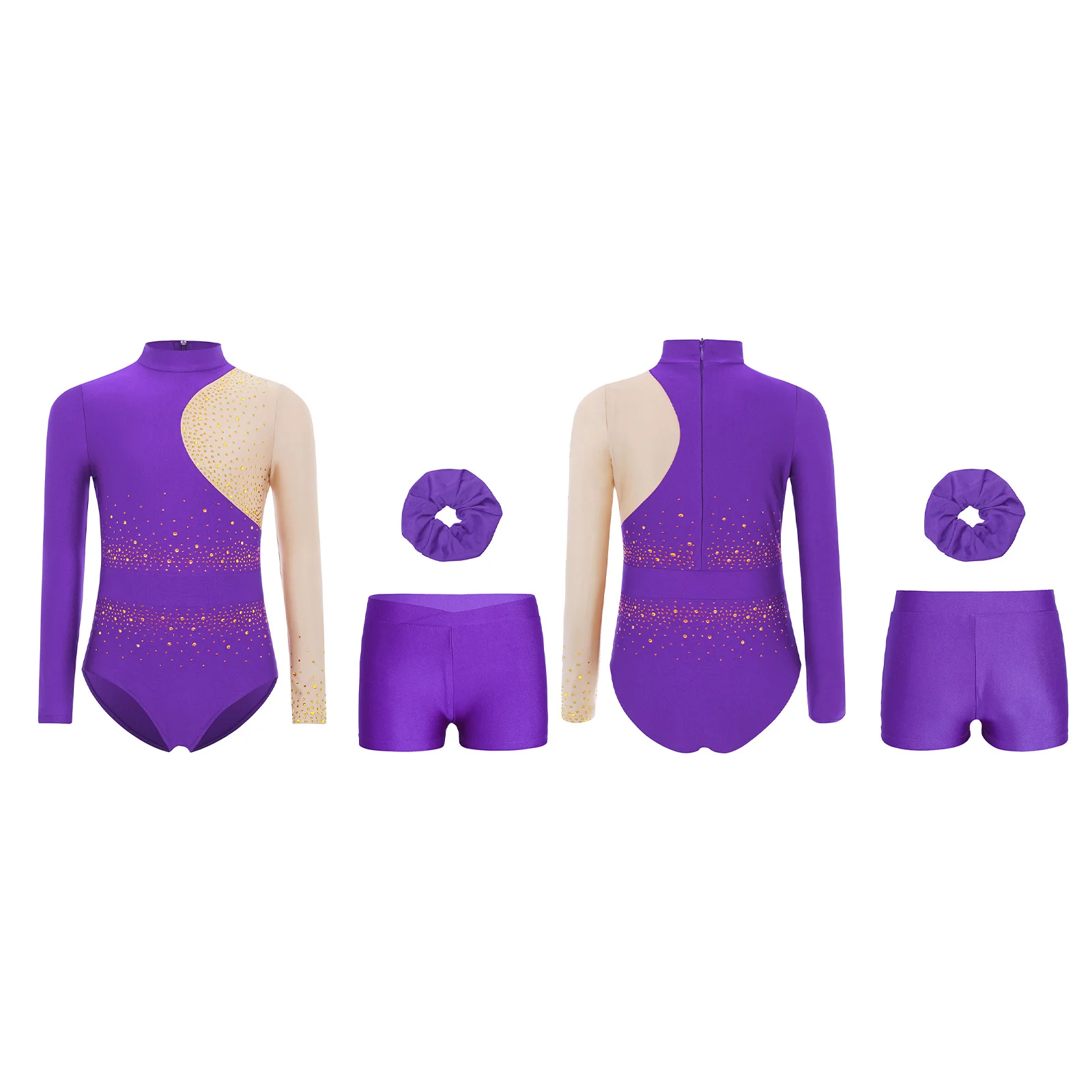 Kids Girls 3-Piece Ballet Yoga Dance Costume Suit Mock Neck Long Sleeves Gymnastics Leotard with Waistband Shorts And Hair Band
