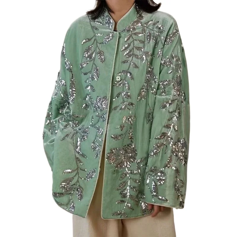Luxury Designer Women Clothing Sequins Embroidery Green Velvet Coat Autumn Winter Jacket Warm Outerwear Vintage Long-Sleeved Top