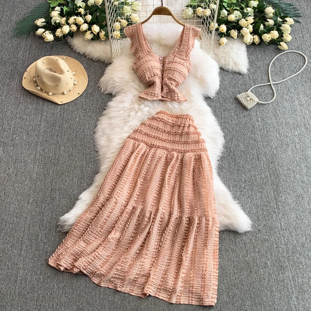 

Elegant lace-up sweet Slip Dress A-line Beach Vacation Vestidos Slim Women Evening Party Two Piece Set Summer Clothing