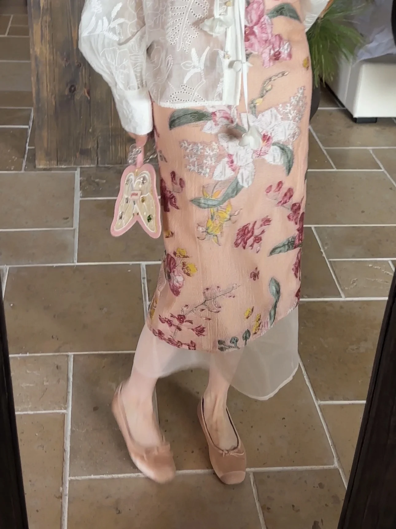 Nueva Falda Midi de Primavera con Bordado Floral Rosa, Falda Recta de Cintura Alta para Mujer, Diseño Original Cloud Mist Peach Blossom