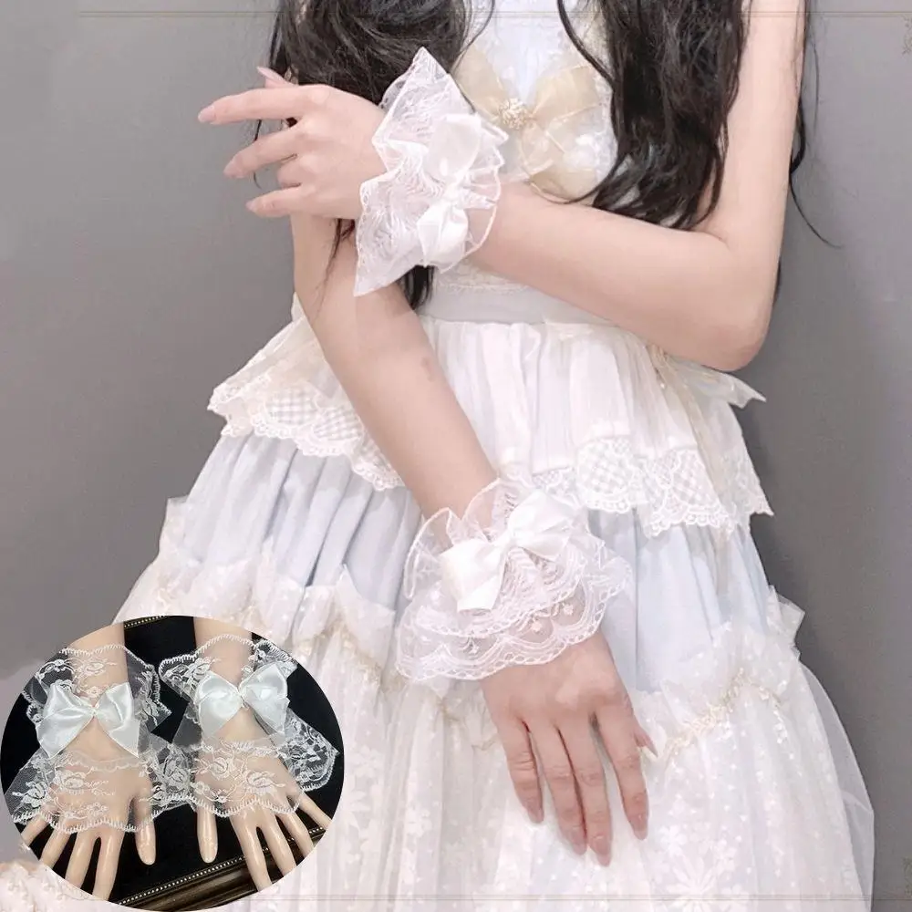 Lolita ลูกไม้แขน Ruffled ดอกไม้แขนสั้นแขนลูกไม้ปลอมเสื้อกันหนาวตกแต่งลูกไม้สั้นถุงมือ Elegant สร้อยข้อมือ