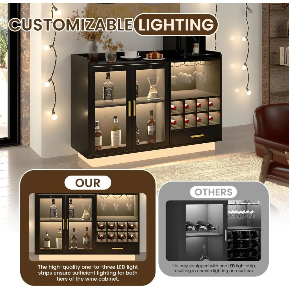 Design Modern Wine Bar Cabinet with LED Light & Locked Glass Door, Floating Coffee Bar with Power Outlets & Glass Rack