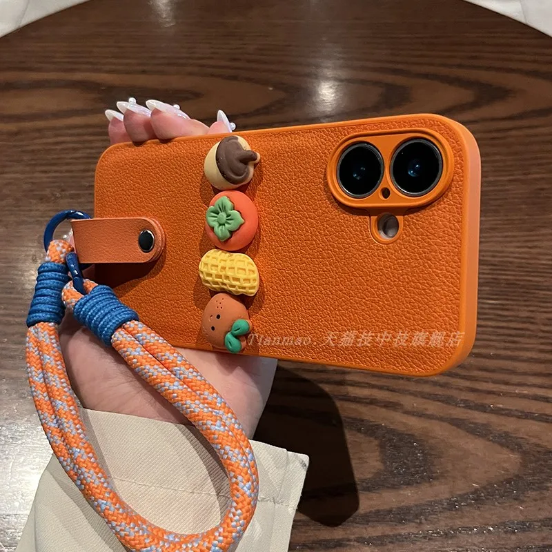 

Применимый чехол для мобильного телефона apple 16pro, оранжевый, веганский кожаный узор, хорошая вещь, кукла, ручная веревка, iphone 16, 15, новинка 15pro