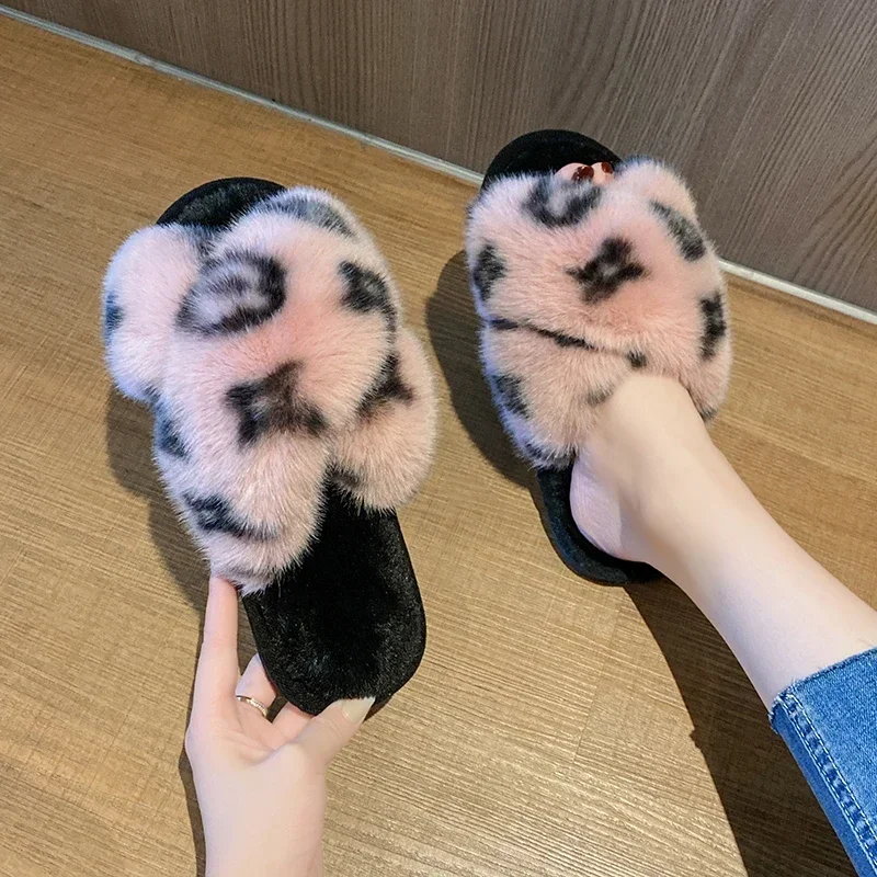 2024 Woman Autumn Winter Fashion Leopard Print Sports Casual Fluffy Women's Slippers Warm Home Indoor Flat Cotton Slippers