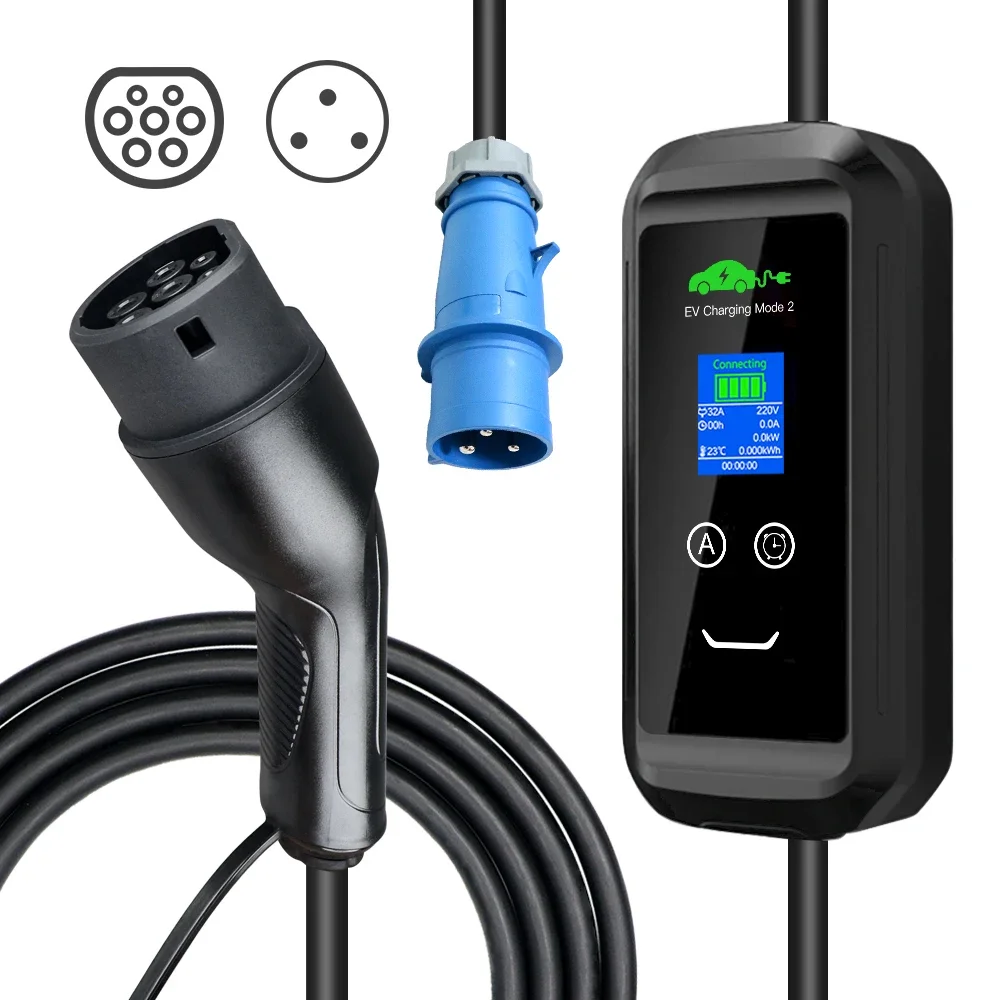 Portable EV Charger Type 2 EV Fast Charging Stations Adapter 10-32A 7kw Electric Car Charger With Control Box 5 Meters Cable