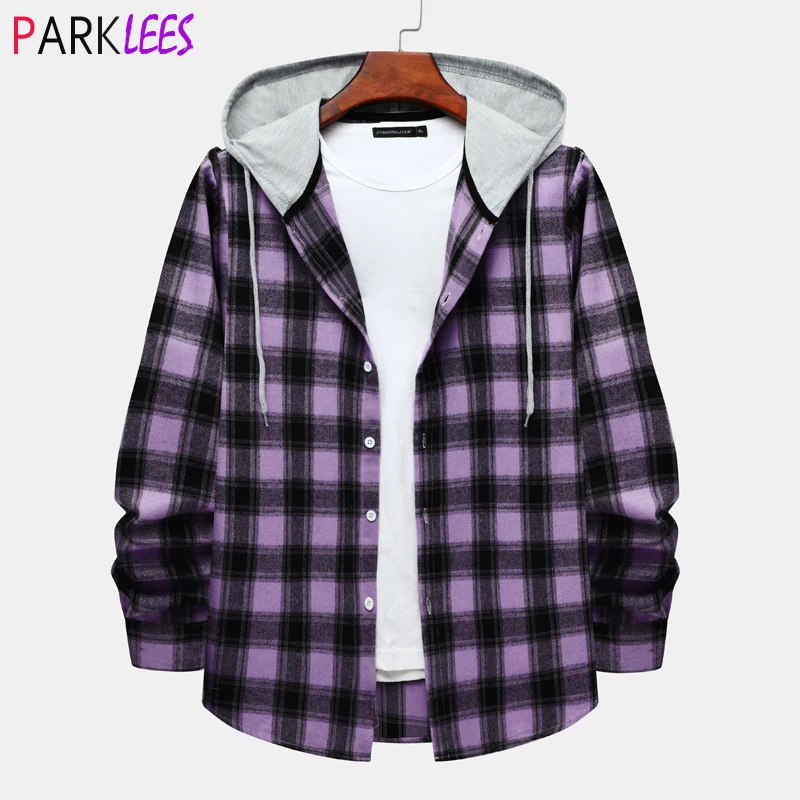 

2022 New Purple Plaid Checked Hooded Shirt Men Long Sleeve Casual Hoodie Shirts Mens Hip Hop Streetwear Shirt Camisa Masculina