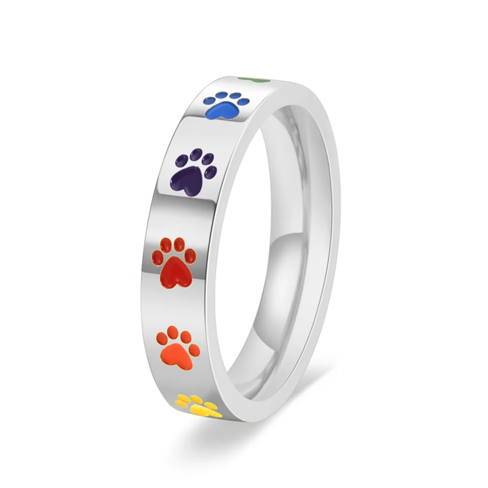 Süßer Regenbogen-Hund-Druck-Ring für Damen-Accessoires, frischer Akademie-Stil, 4 mm breit, Titanstahl, Schmuck, Geschenke