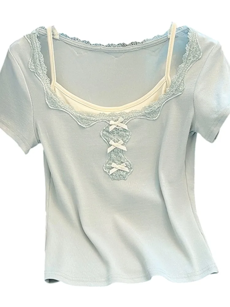 Cseta de Manga Corta con Lazo de Mariposa de Encaje para Mujer, Corte Ajustado, Estilo Corto, Parte Superior, Nueva Colecc...