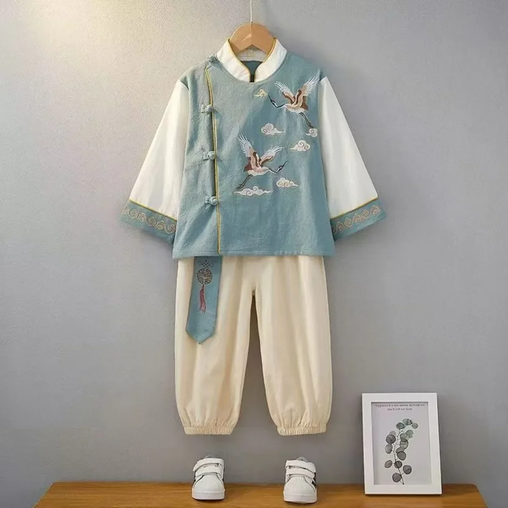 新しい中国風トップス-パンツ子供刺繍唐スーツ韓服唐シャツ男の子子供服ブラウス伝統的な服