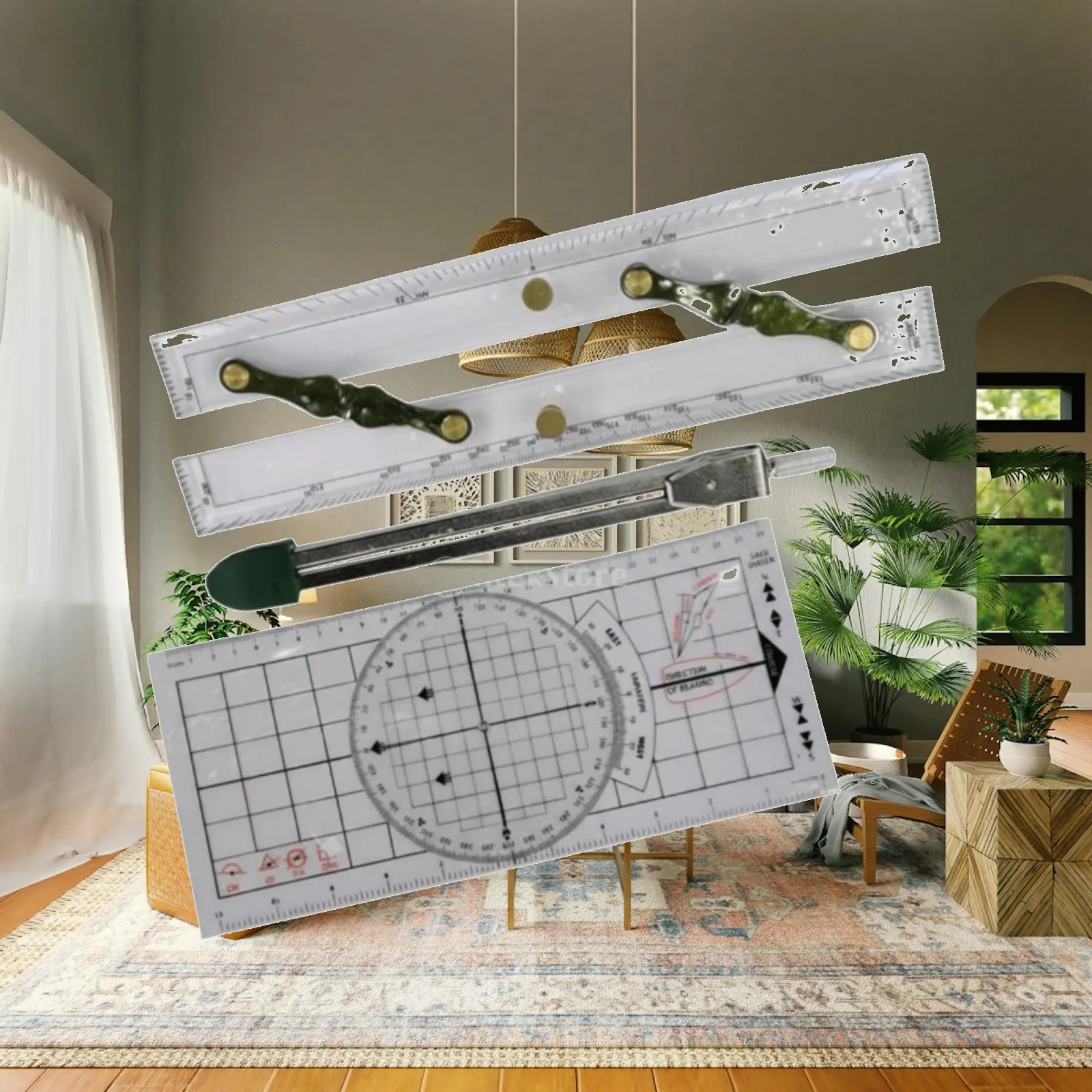 Nautical Navigation Kit Ruler and Compass Set Clear Acrylic Board for Marine Chart Measuring and Plotting