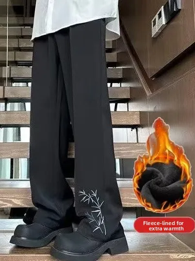 

plus Size Elastic Waist Fce Lined Men's Casual Pants Autumn Winter New Sle Loose Straight Leg Trendy Sports Trousers