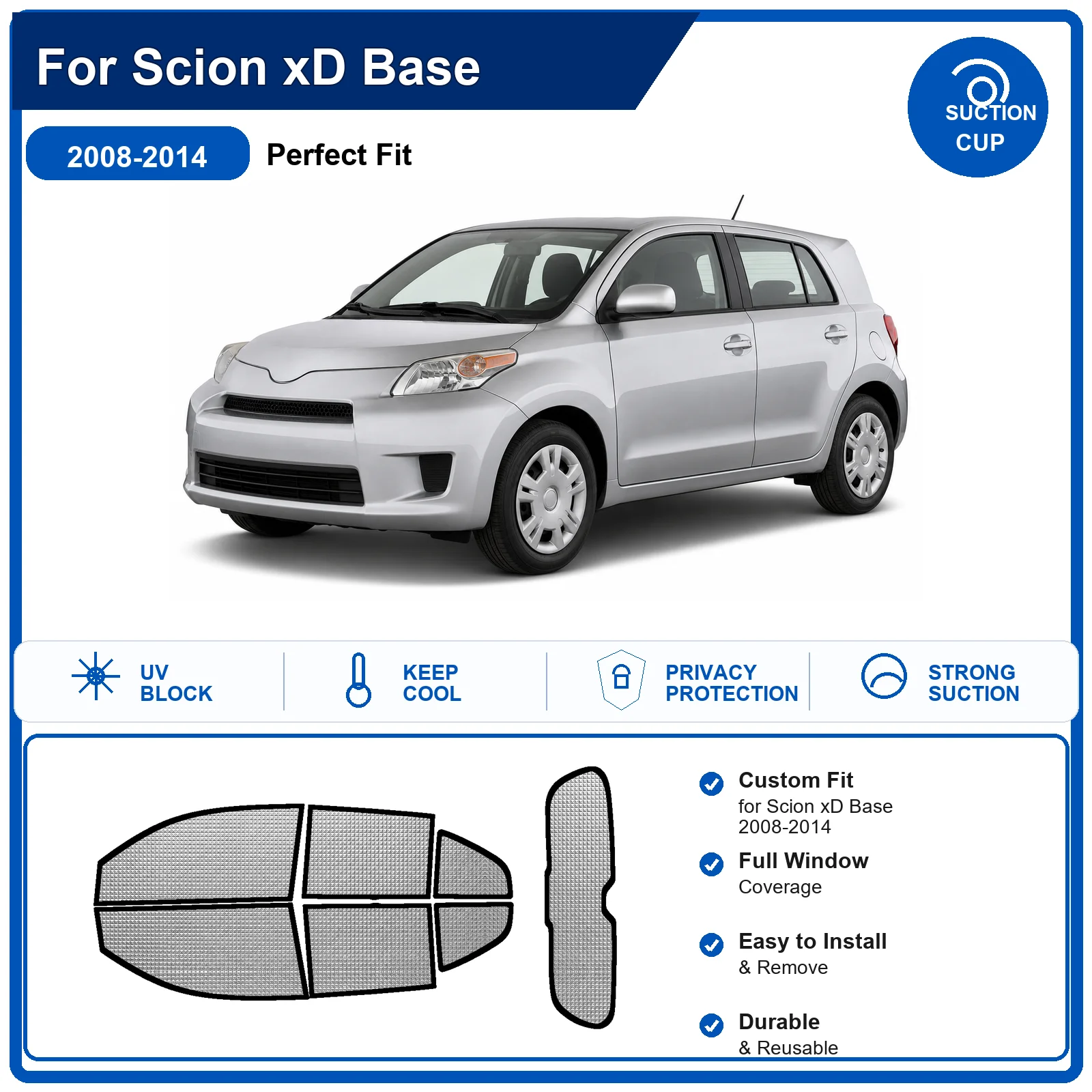 Для Scion xD Base 2008-2014: Полный комплект солнцезащитных шторок на лобовое стекло из алюминиевой фольги, теплоизоляционные, с защитой от УФ-излучения, складные