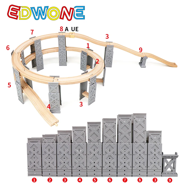 26pcs Wooden Train Tracks Accessories Wood Spiral Tracks with Plastic Bridge Piers Wood Track Toys for Children Gifts