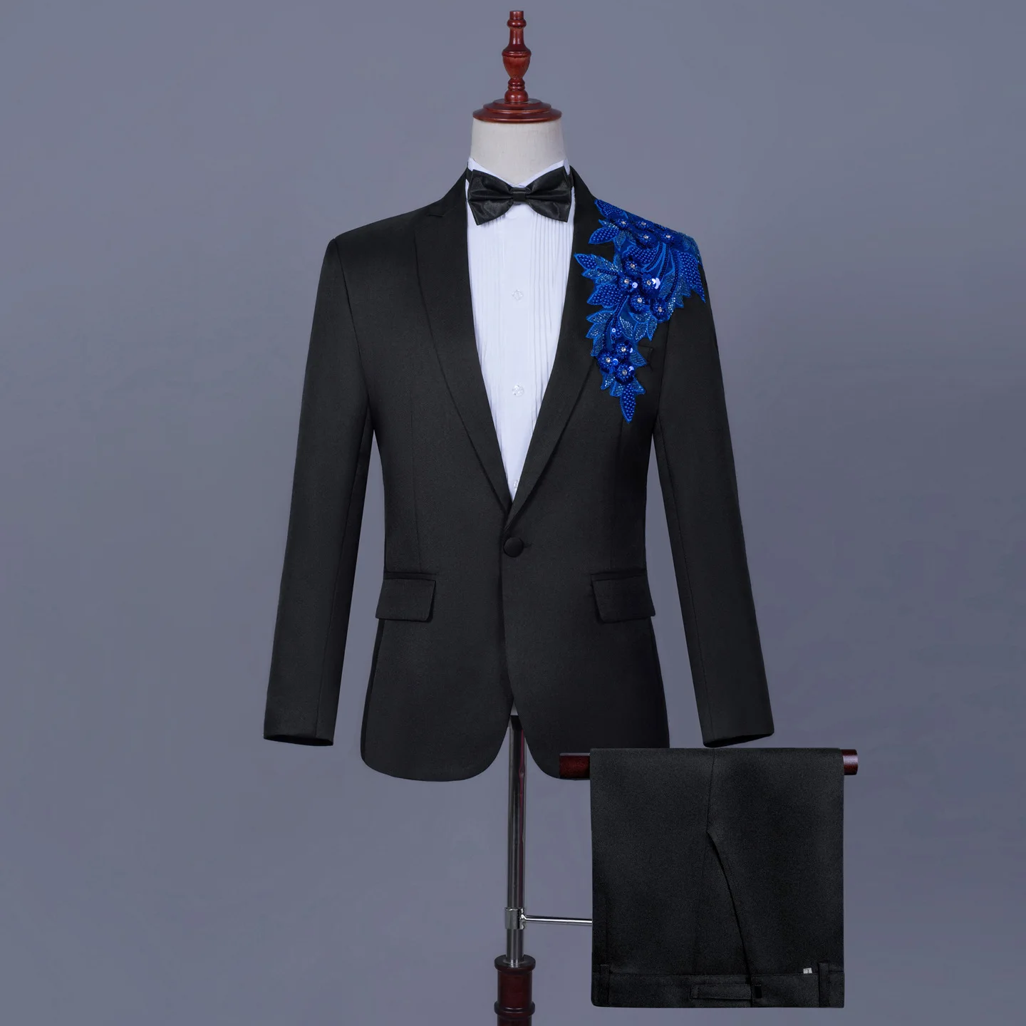 

Men's black two-piece suit, embroidered jacket and pants in Chinese size, suitable for weddings, parties, and stage performances