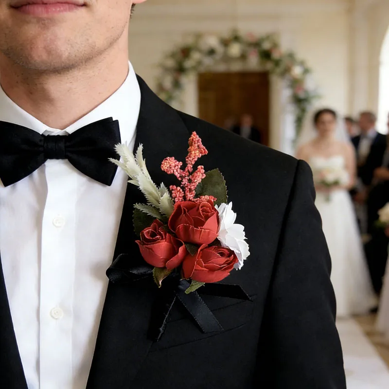 

Boutonniere Corsage Wedding Accessories Buttonhole Flower Groom Boyfriend Bride Black Champagne Red Roses Artificial Lapel Pins