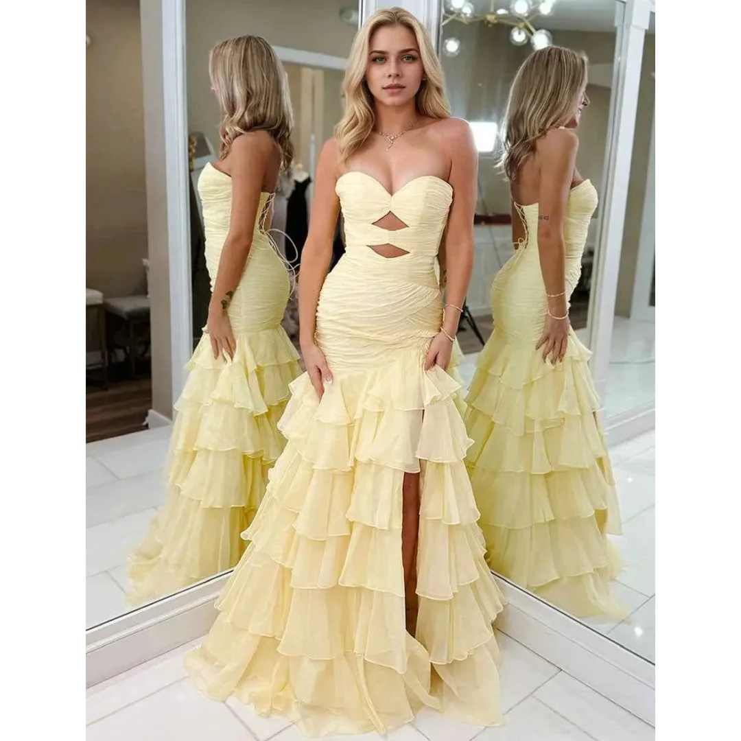 

Yellow Strapless Mermaid Prom Dresses Cutouts Tiered Ruffles Corset Back Party Dress Side Slit Elegant Evening Gown Customized