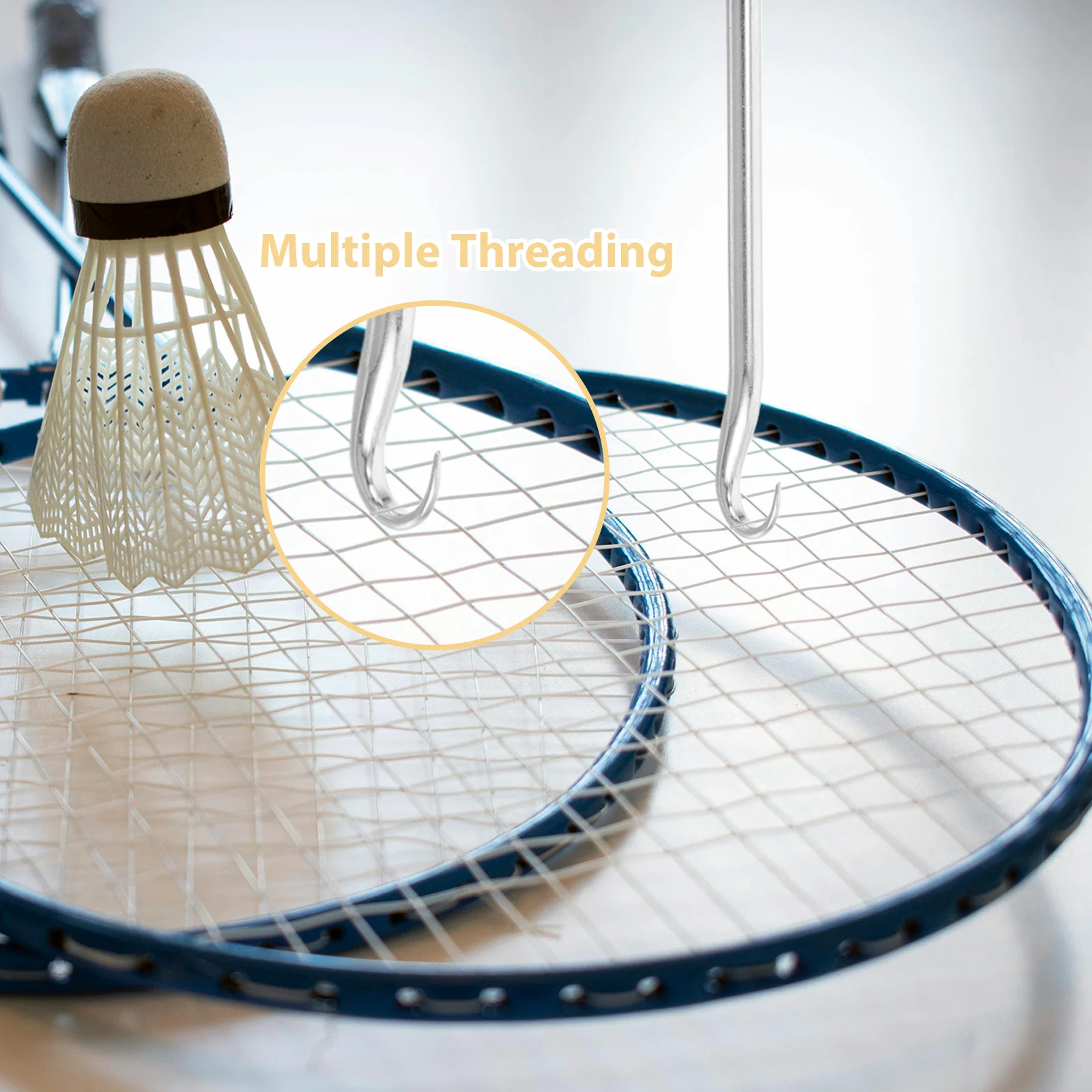مضرب كرة الريشة، خطاف التوتير، التحكم الدقيق في التوتر، مادة متينة مقاومة للاهتراء، تصميم محمول للداخل