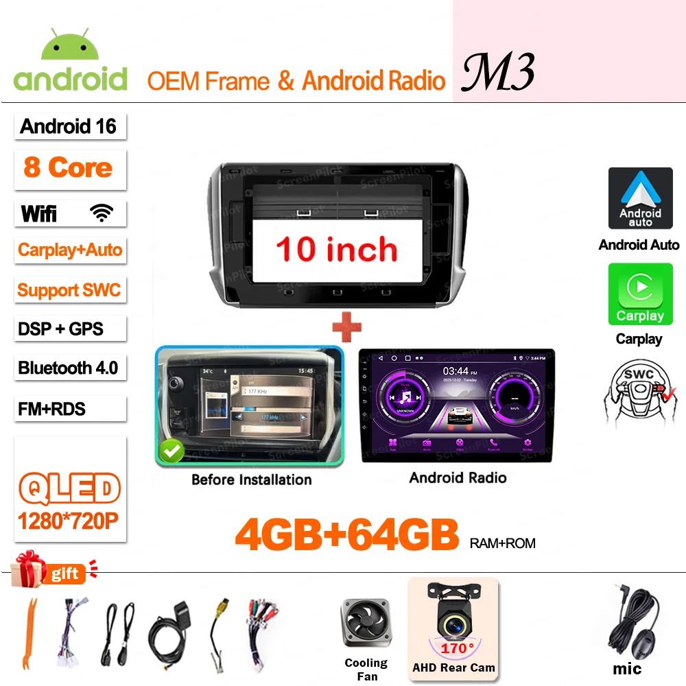Autoradio Multimedia Speler Voor Peugeot 2008 208 2014-2018 Draadloze CarPlay Android 16 Auto Intelligente Systemen Autoraido gereedschap