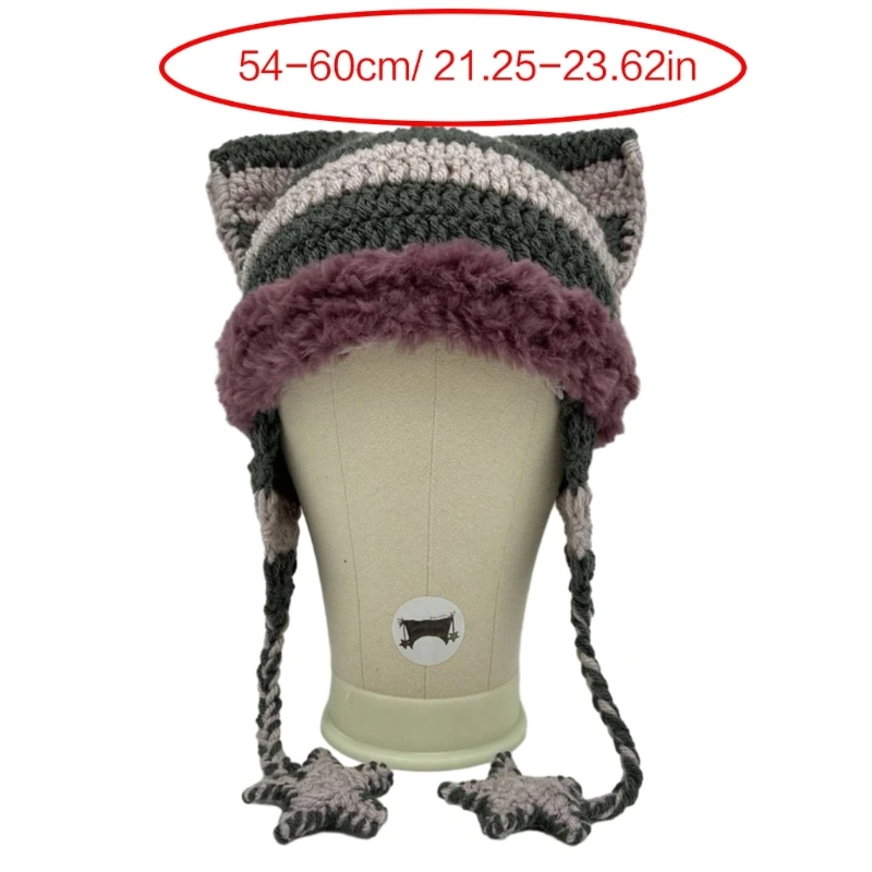 Knit Stripe Pattern Cat Ear Hat Elastic Windproof Hat with Star Tassels Ear Protector Hat Winter Cycling Skiing Hat