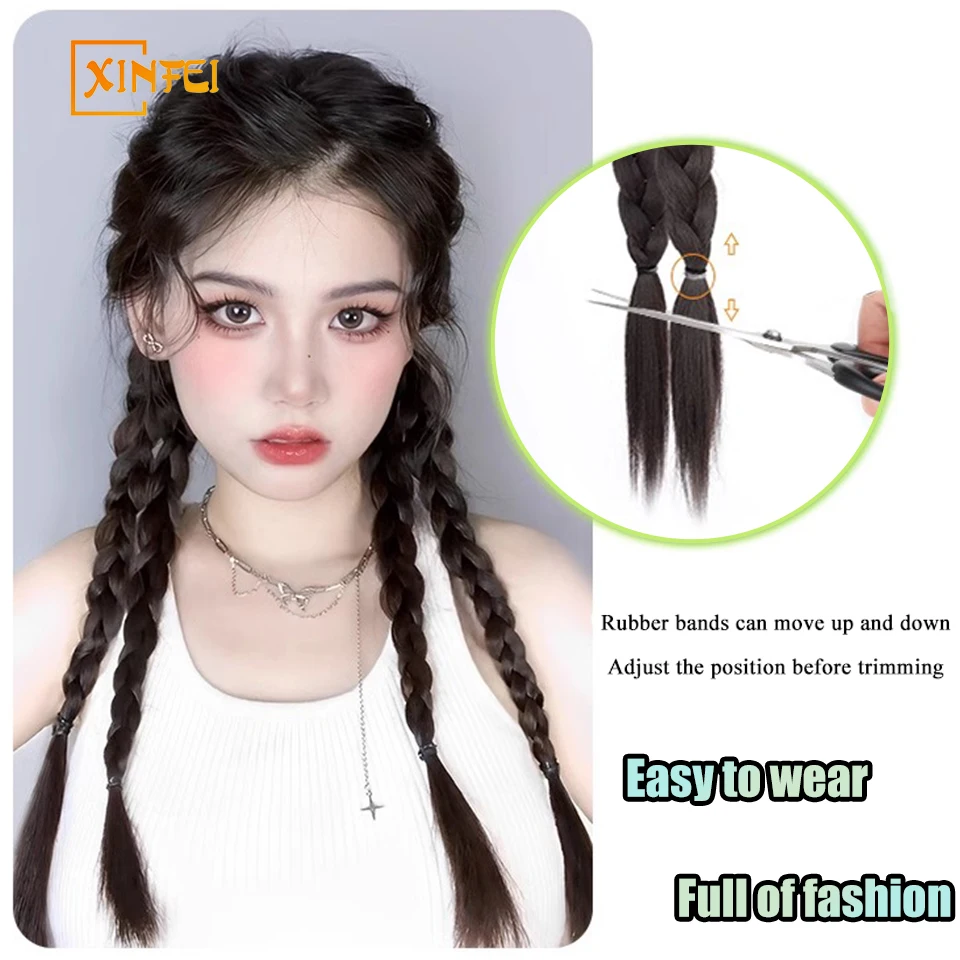 High-temperature Fiber Braid Hair Women\'s Synthetic Sweet And Cool Braid Fluffy And Natural Long Straight Hair Double Ponytail