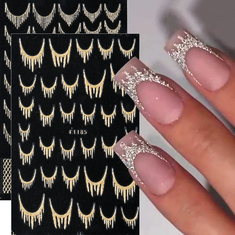 Adesivos de arte de unha francesa com glitter reflexivo, brilhante, ouro, prata, borla, grades geométricas, adesivos, decalques, faça você mesmo, manicure