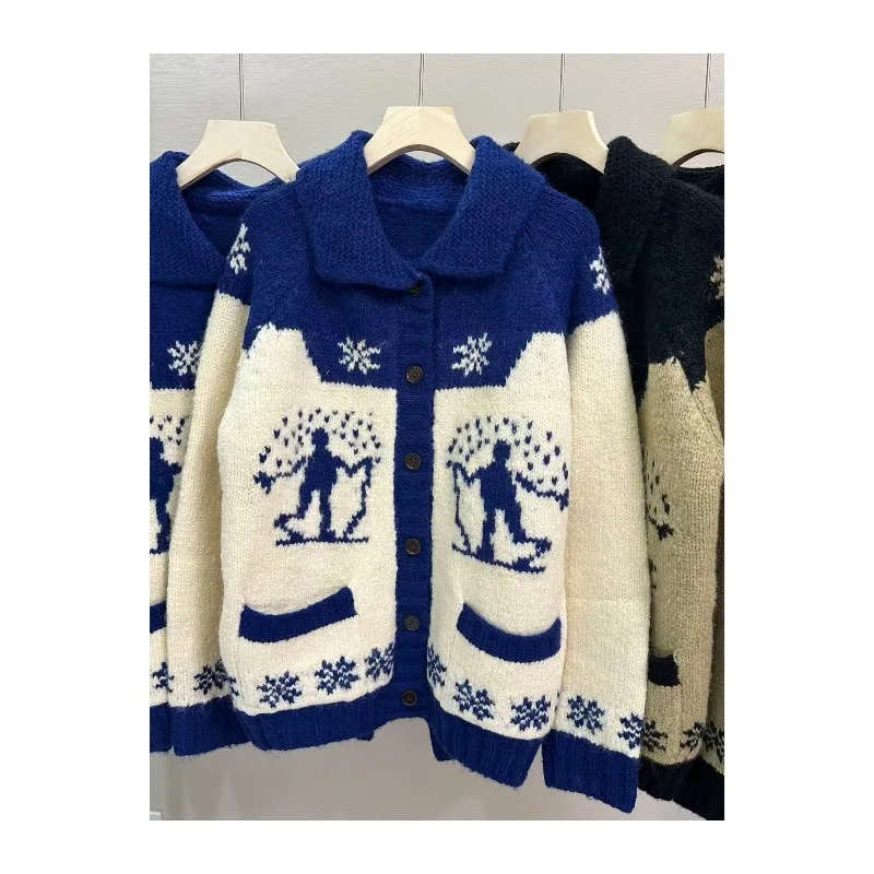 Kardigan dziergany, damska indyjska kurtka żakardowa o drobnym kroju, sweter z wełny alpaki zapinany na jeden guzik, jesień/zima 2025