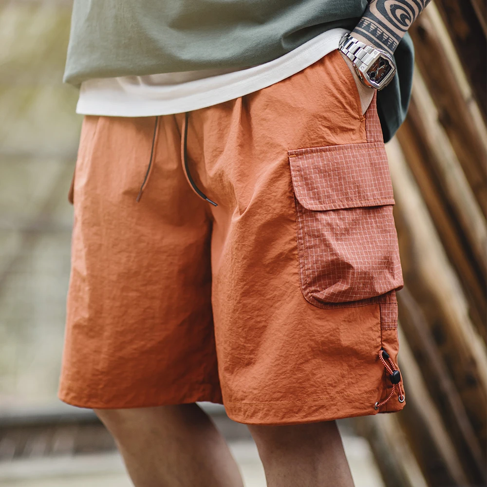 Maden Summer Men Straight Shorts Orange Patchwork Gingham Loose Beach Pants Plus Size Shorts Elastic Waist Light Breathable