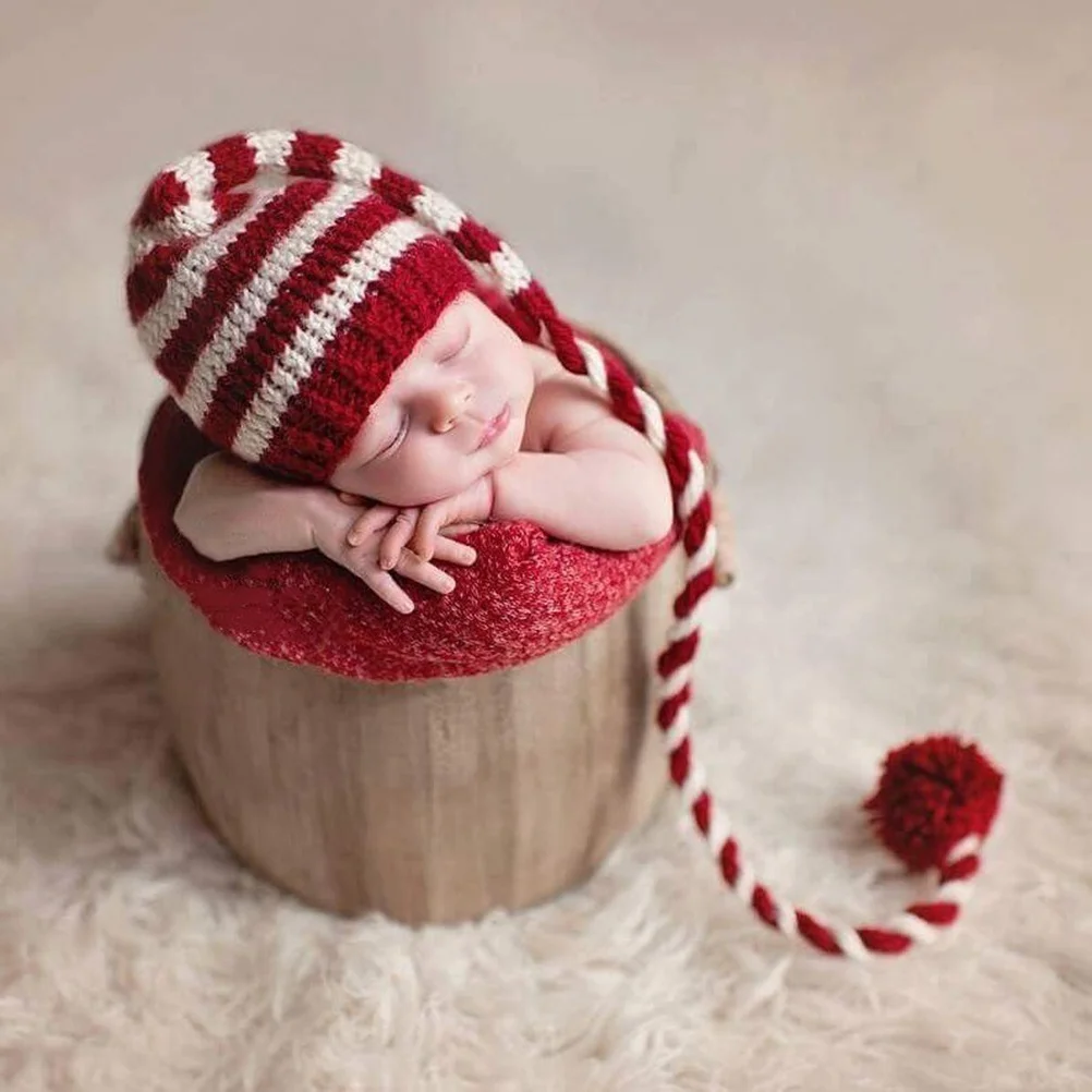 

Baby Photography Hat Red White Hand-Made Crochet Long Tail Cap Newborn Infant Photo Props Soft Breathable Costume