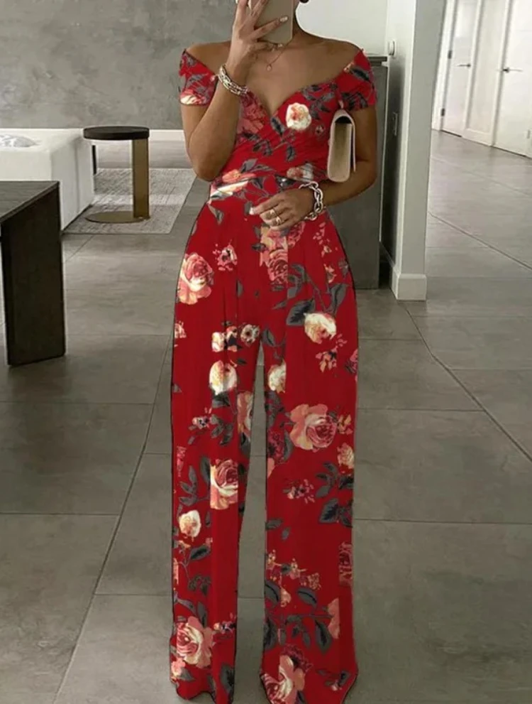 Summer New Printed One Shoulder Jumpsuits Women High Waist Short Sleeves Wide Leg Long Pants Slim Jumpsuit Ladies Commuting